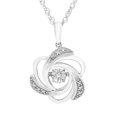 Featuring a round-cut diamond in a hinged setting, this Boston Bay Diamonds flower pendant sparkles from every angle. Featuring a round-cut diamond in a hinged setting, this Boston Bay Diamonds flower pendant sparkles from every angle. Pendant size: 20.69 mm x 14.23 mm Chain length: 18 in. Chain type: rope Nickel free Metal: sterling silver Plating: rhodium Finish: polished Packaging: boxedDIAMOND DETAILS Total weight: less than 1/10 ct. Shape: round Setting: pave Diamond weights are approximate Diamond White Jewelry With Flower Shape And Diamond Accents, Diamond White Diamond Flower-shaped Jewelry, Diamond White Flower-shaped Diamond Jewelry, White Gold Flower Pendant With Single Cut Diamonds, White Diamond Necklace With Flower-shaped Accents, White Diamond Necklace With Flower Shape Accents, White Diamond Necklace With Flower Shape And Diamond Accents, White Round Diamond Necklace With Accents, Diamond Flower Necklace For Anniversary