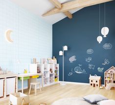 a child's room with blue walls and wooden flooring