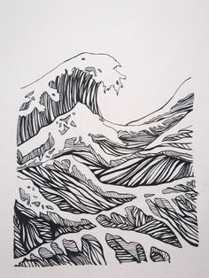 a black and white drawing of an ocean wave