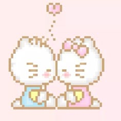 an image of two cats that are in pixel art style on pink background with the caption hello kitty