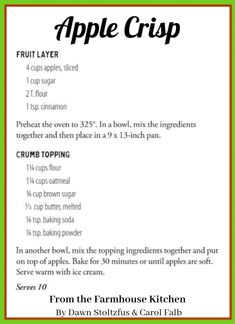 an apple crisp recipe is shown in the form of a printable card with instructions on how to make it