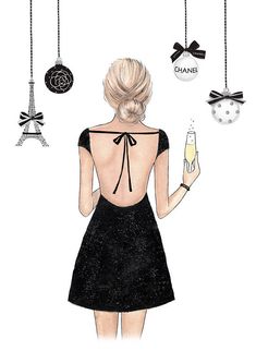 the back of a woman's dress holding a glass of champagne in front of eiffel tower