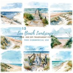 watercolor beach landscape photoshopped in blue and white with the words sea beach landscapes