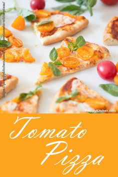 there are many different types of pizzas on the table with text overlay that says tomato pizza