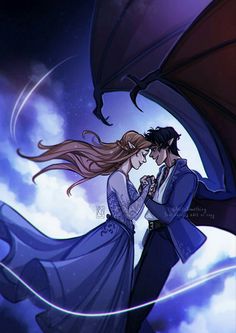 a man and woman are kissing in front of a dragon with wings flying above them