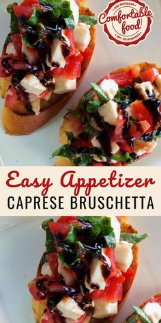 an appetizer with caprese bruschetta on toasted bread