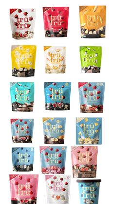 six bags of fruit flavored snacks are shown in this image, each with different flavors