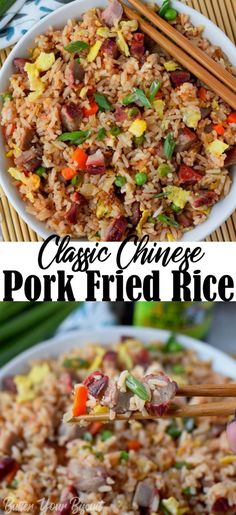 the recipe for pork fried rice is shown with chopsticks