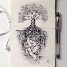 a drawing of a person sitting under a tree with its roots hanging over their head