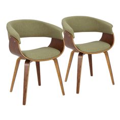 two chairs with wooden legs and green upholstered fabric seat covers on each side