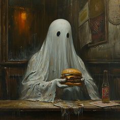 a painting of a ghost holding a large sandwich