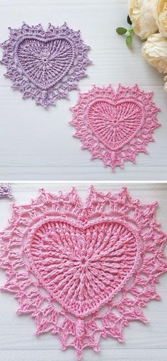 three crocheted doily hearts with flowers in the background