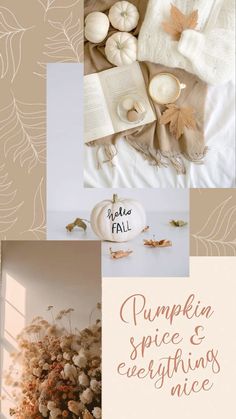 pumpkin spice and everything nice collage with fall leaves, books, candles, and other items