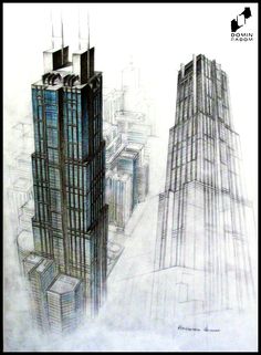 a drawing of two tall buildings in the sky