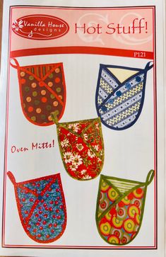 the front cover of a sewing book with different designs on it, including oven mitts