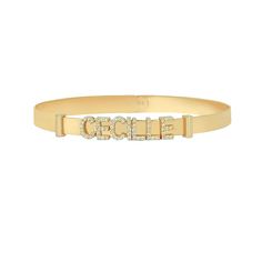 Design your own 14K gold bracelet with personalized initials, bezel stones, charms, and symbols. Simply specify the initials and charms in the personalization box. Create a unique accessory with your name, children's initials, and birthstones. Every bracelet is custom-made according to your specifications. Choose up to 10 letters for a bangle, or combine up to 5 letters with 5 charms, or create your own custom design.  Please contact us if you desire a custom design. This gorgeous bracelet arriv Elegant Customizable Yellow Gold Bracelet, Luxury Gold Bracelet With Custom Name, Personalized Yellow Gold Elegant Bangle, Elegant Adjustable Bangle With Custom Name, Personalized Yellow Gold Bangle Name Bracelet, Personalized Yellow Gold Name Bangle, Elegant Gold Bangle With Custom Name, Elegant Gold Name Bracelet, Elegant Name Bangle For Personalized Gift