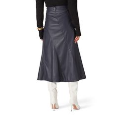 Navy leather (57% Polyurethane, 43% Polyester). Skirt. Side zipper closure. 33" from waist to hemline. Imported. Fitted Leather Flared Skirt, Fitted Leather Skirt With Side Zipper, Fall Faux Leather Skirt With Zipper Closure, Fall Faux Leather Skirt With Side Zipper, Leather Skirt With Zipper For Night Out, Leather Skirt With Zipper Closure For Night Out, Spring Leather Asymmetrical Skirt, Leather Skirt With Side Zipper For Night Out, Polyester Skirt