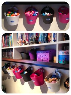 the shelves have bins with toys in them and other items on them, along with bookshelves