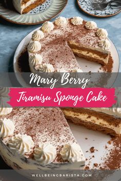 a close up of a cake on a plate with the words mary berry transu sponge cake