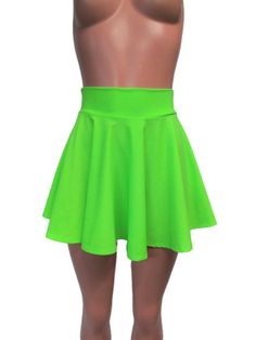 "Measure yourself to make sure you get the right length for your needs Neon green skater skirt 15\" shown on mannequin.High waist skirt can be worn lower or higher most skirts allow you to place the waistline where it suits you on your particular body shape and personal desire! this fun flirty skirt is a full circle design and can be ordered in lengths of 10 inch, 12 inch, 13, 15, 17 inch and 19 inch-. Any of my items can be made in any spandex fabric, also any item can be matched if you like a Green Stretch Skirt For Summer, Stretch Green Spring Skirt, Green Stretch Skirt For Spring, Green Full Skirt For Party, Green Pleated Skirt For Summer, Green Stretch Flared Skirt, High Waist Green Denim Skirt, Green Stretch High Waist Skirt, Green Stretch High-waist Skirt