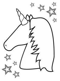 a black and white drawing of a unicorn's head with stars in the background