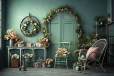 a room filled with lots of furniture and flowers on top of the wall next to a door