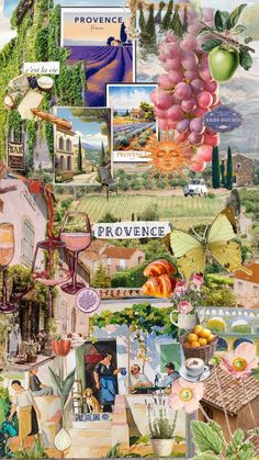 a collage of pictures and words that include fruit, flowers, wine glasses, people, buildings, and other things