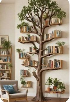 a living room with bookshelves and a tree in the corner on the wall