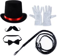 an assortment of costume accessories including a top hat, cane and gloves