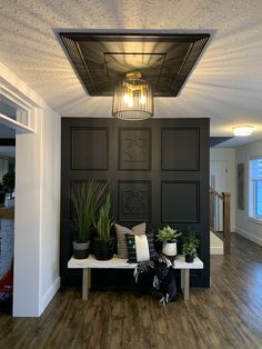 a room that has some plants on the table in front of it and a light hanging from the ceiling