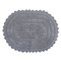 a gray rug with scalloped edges on a white background, it looks like an oval