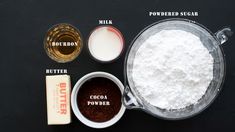 ingredients needed to make chocolate butter cake on a black surface with text above it that says butter, powdered sugar, cocoa powder and butter