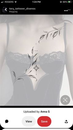 Underbust Tattoo Ideas Simple, Sternum Leaves Tattoo, Thing Tattoos For Women, Sternum Tattoo Women Flowers, Leaf Sternum Tattoo, Between The Breast Tattoo, Underboob Tattoo Flower, Unique Collar Bone Tattoo Ideas