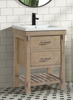 a bathroom vanity with a mirror above it and a plant on the wall behind it