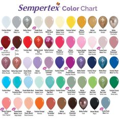 a bunch of balloons that are all different colors and sizes, with the words semperfex color chart