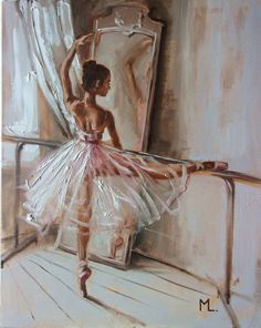 a painting of a ballerina in front of a mirror