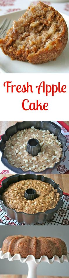 fresh apple cake on a white plate with the title above it