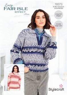 an advertisement for a women's sweater with the image of a woman in grey jeans and