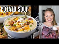 a woman is holding a bowl of potato soup