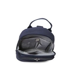 the back view of a blue backpack with two compartments and one compartment open, on a white