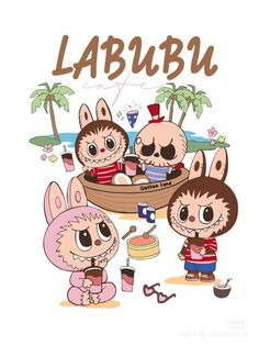 three cartoon characters are sitting in a boat with the words labubu on it