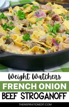 a skillet filled with french onion beef stroganoni