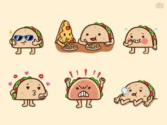 cartoon character stickers with different foods and drinks on them, including pizzas, burrito