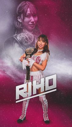 a woman holding a wrestling belt in front of a pink background with the words r i p d on it