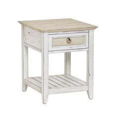 a white wooden table with drawers on top and bottom shelf in the middle, against a white background