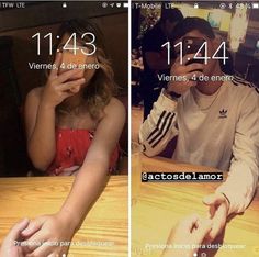 two pictures of people sitting at a table with their cell phones in front of them