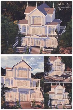 three different views of a large house with many windows and balconies on the second floor