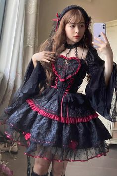 Fabric: Polyester Color: Black/Red Sleeve Length: Long Sleeves Feature: Print, Ruffle, Lace-Up Style: Gothic, Punk Include: Dress + Bubble Sleeves Size (IN) Bust Waist Length One Size 37.80 30.71 35.43 Size (CM) Bust Waist Length One Size 96 78 90 Dresses Victorian, Witch Vampire, Neck Bandage, Dark Dress, Japanese Dress, Victorian Women, Dark Gothic, Holiday Party Dresses, Lolita Dress