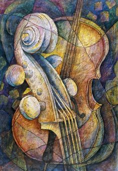 a drawing of a violin with an abstract background