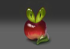 an apple with two green eyes and a worm sticking out of it's side